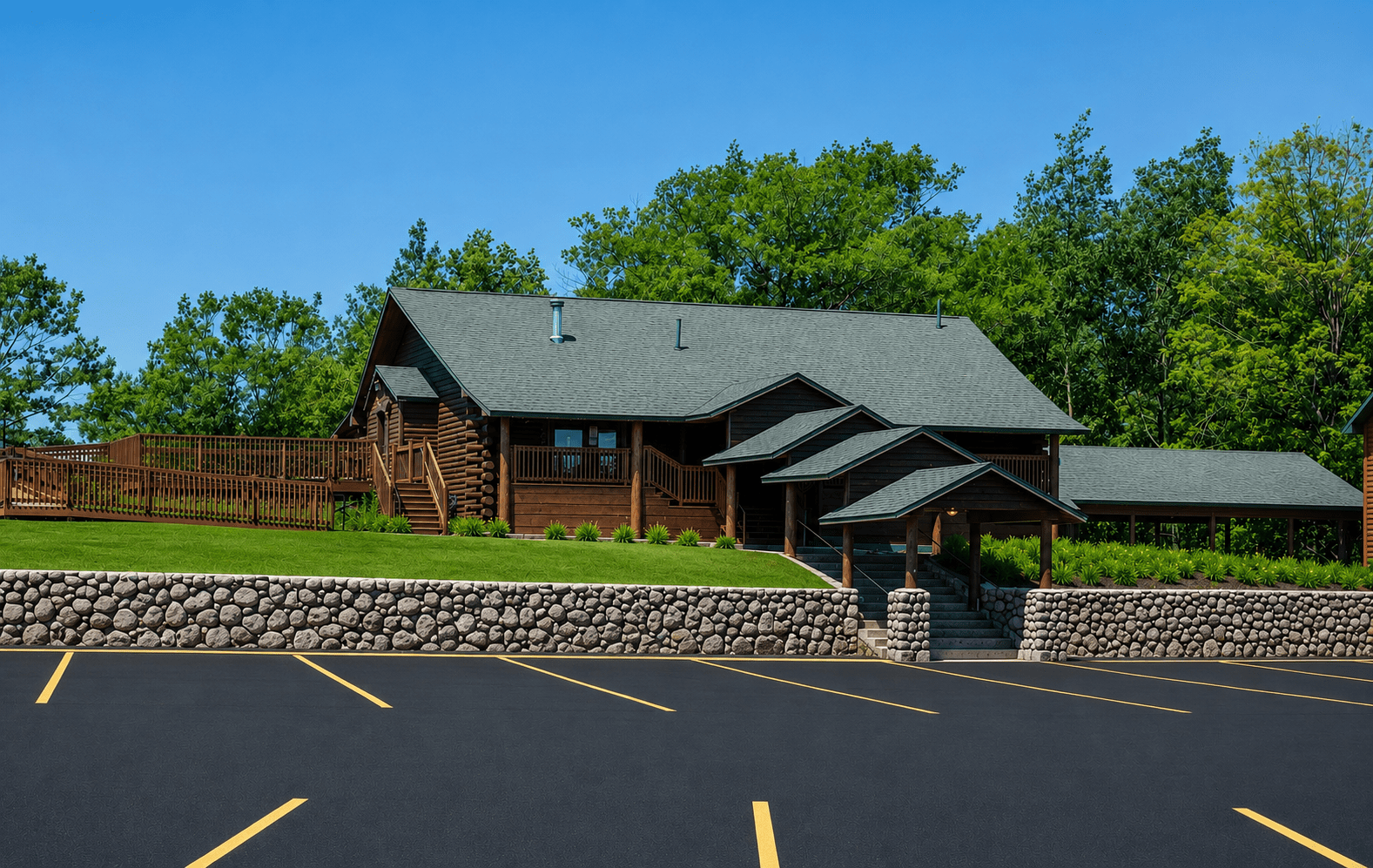 Rustic log lodge with vacant asphalt parking