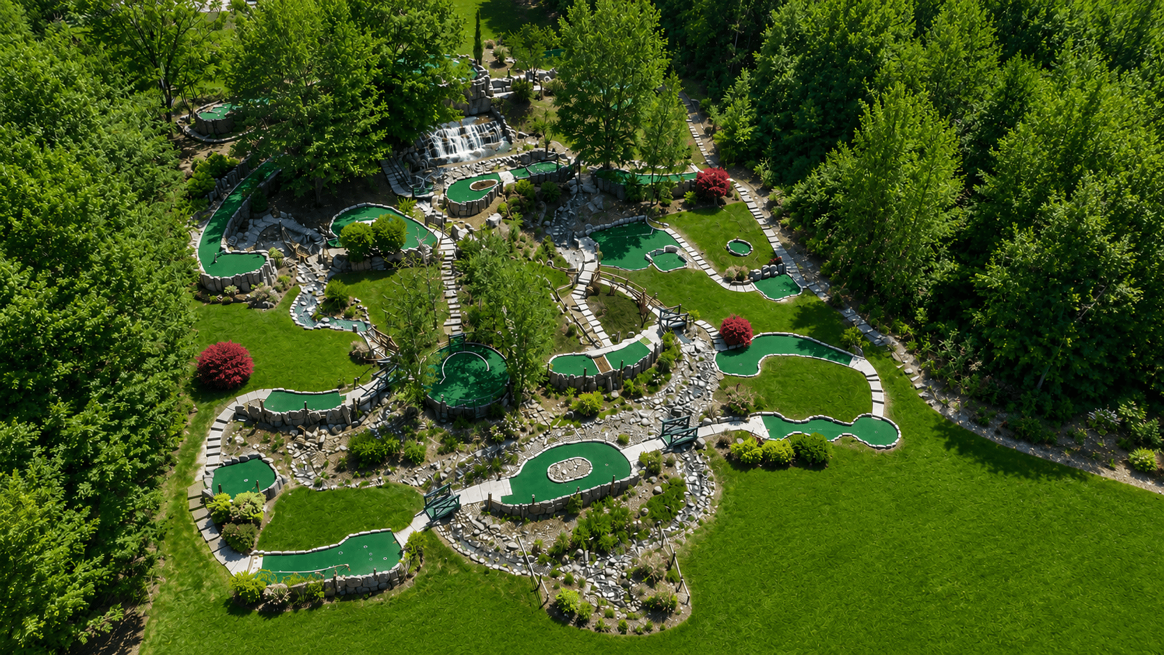 Aerial view of landscaped mini golf course