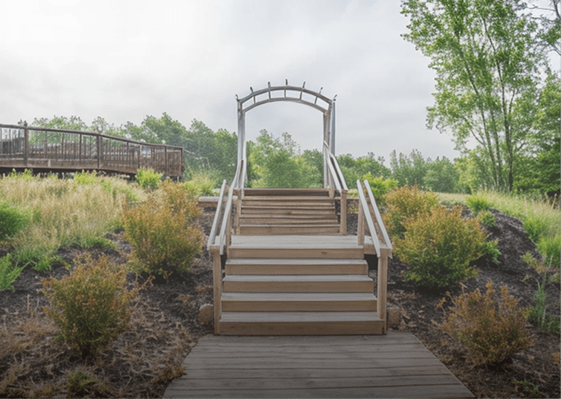 Wooden stairs with archway in garden setting.