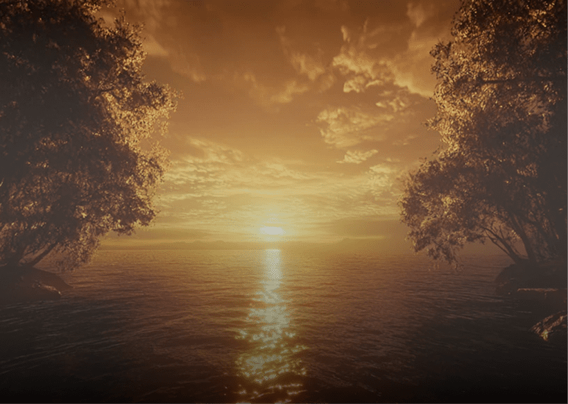 Sunset over calm ocean between trees.