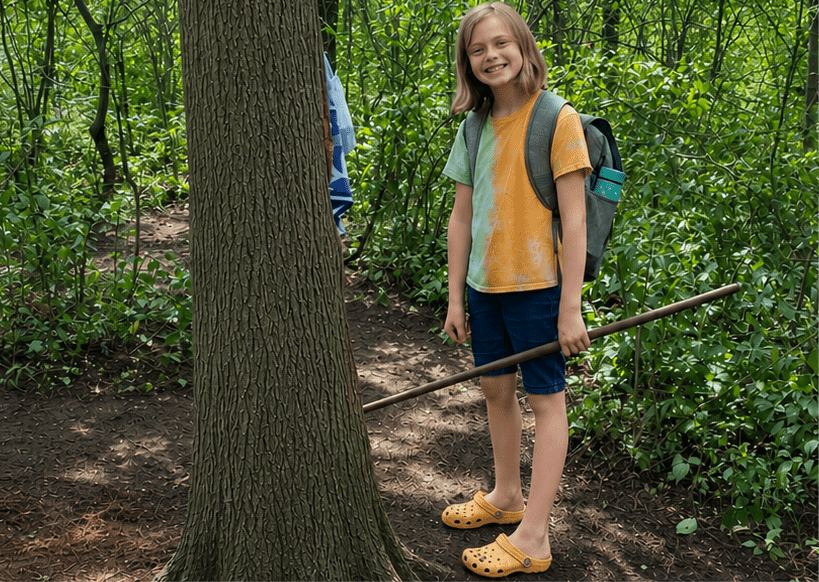 Smiling child with backpack and stick in woods