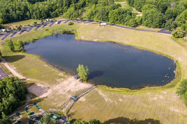 Aerial view of pond and surrounding greenery.