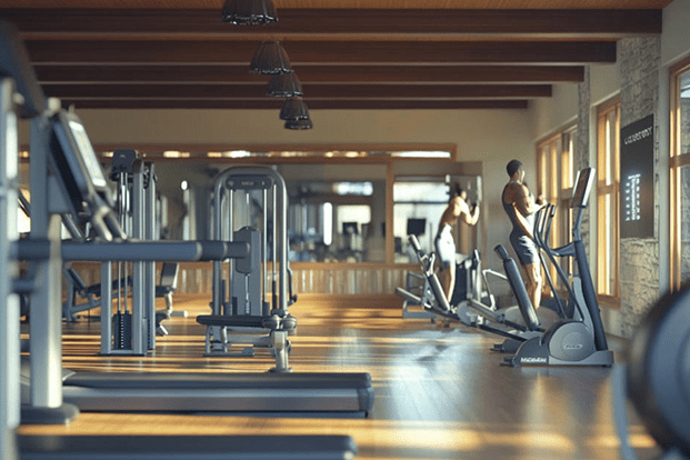 Modern gym with exercise equipment and person.