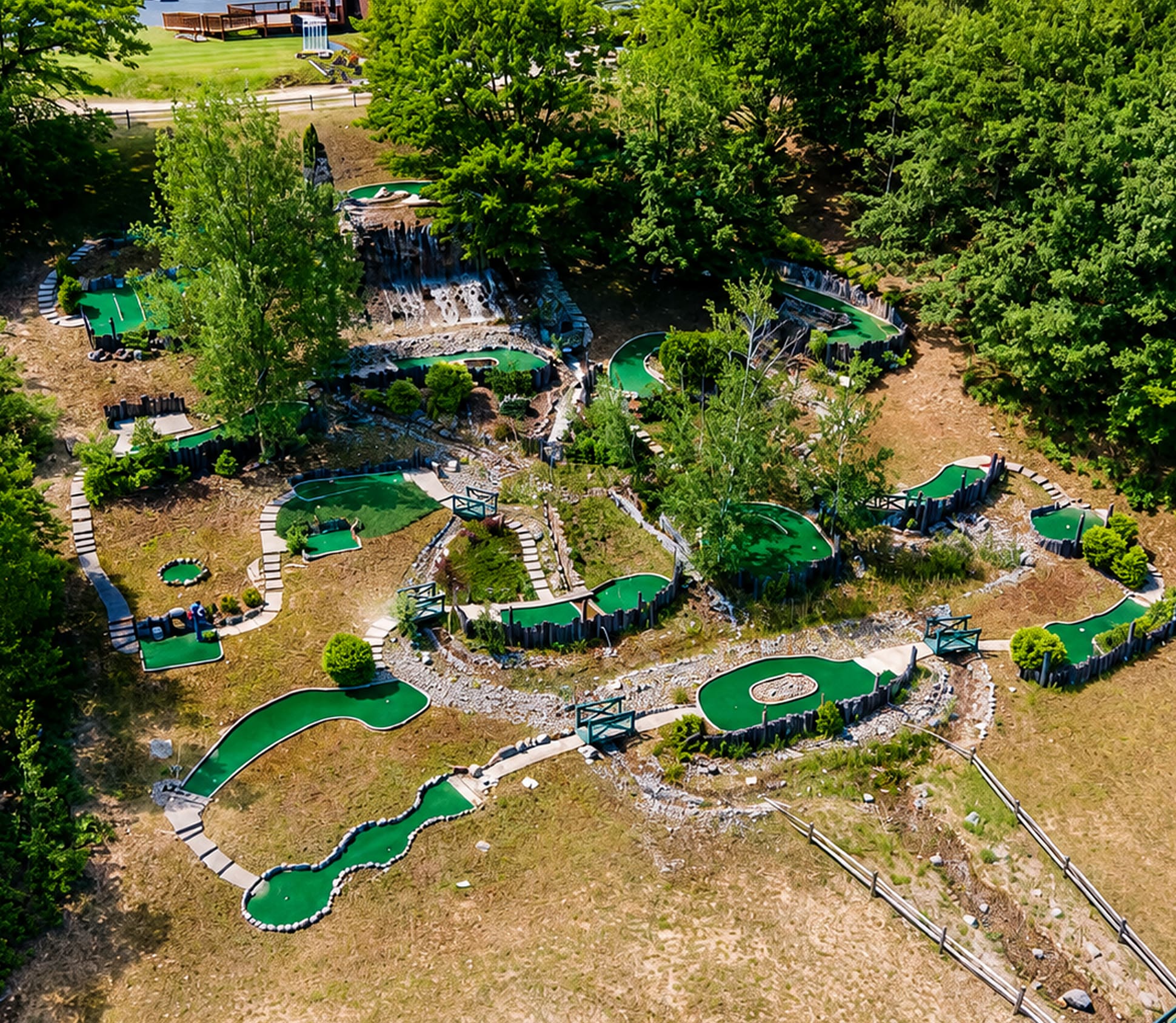Miniature golf course surrounded by trees.